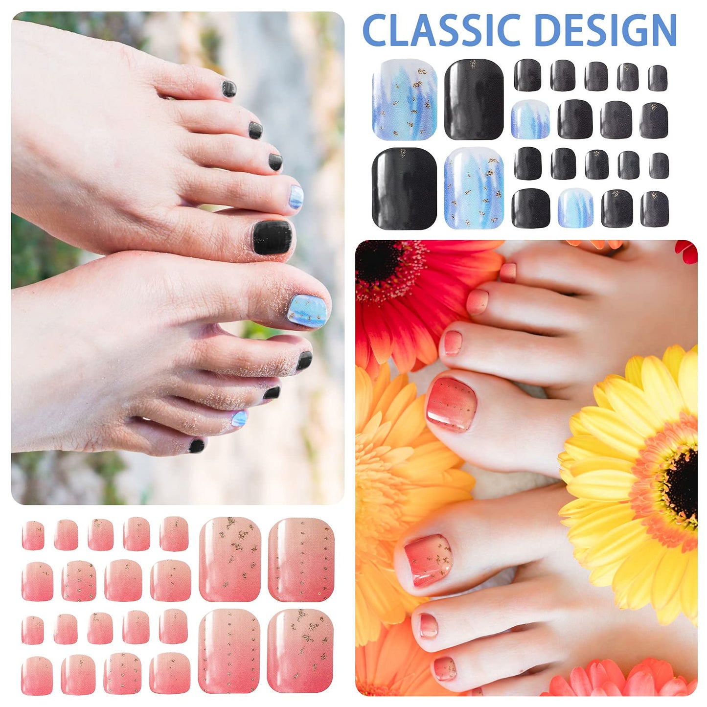 308 Pieces 14 Sheets Full Toe Wraps Adhesive Toenail Wraps Polish Stickers Adhesive Toe Nail DIY Glitter Manicure Decals with 2 Pieces Nail Files (Art Style)