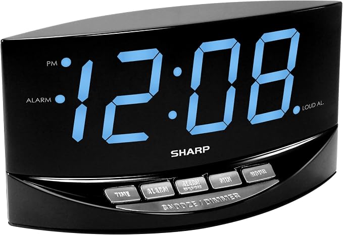 Sharp Digital Alarm Clock, 2" Jumbo Blue LED Display, High/Low Volume | 2-step dimmer, easy-set controls, snooze, battery backup, across-room viewing, bedroom, nightstand, office, seniors, elderly
