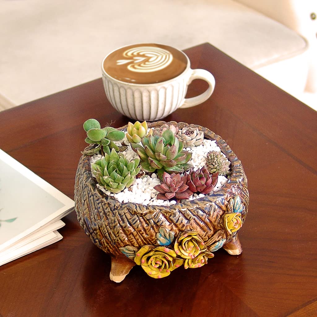 Summer Impressions 6.3 Inch Succulent Pot Handmade Flower Design Round Ceramic Antique Plant Pot Cactus Pot Planter with Drainge and Mesh Pad (Yellow)