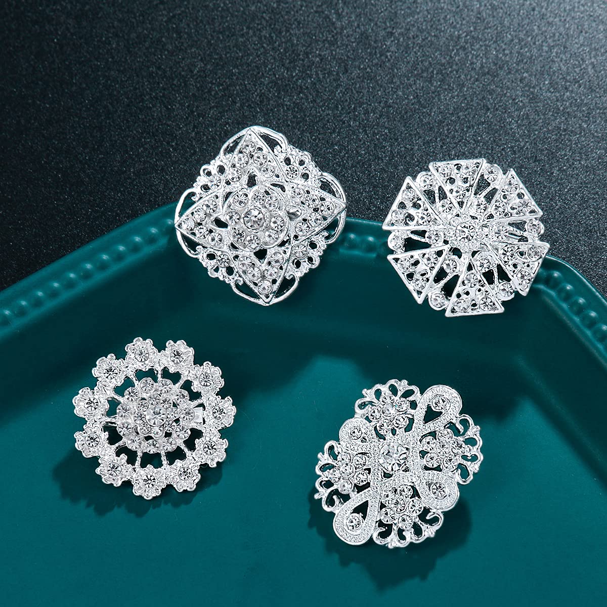MEEDOZ Lot 12pcs Assorted Crystal Rhinestone Silver Tone Flower Brooch Pin Set for Women DIY Bridal Wedding Bouquet Kit (Silver)