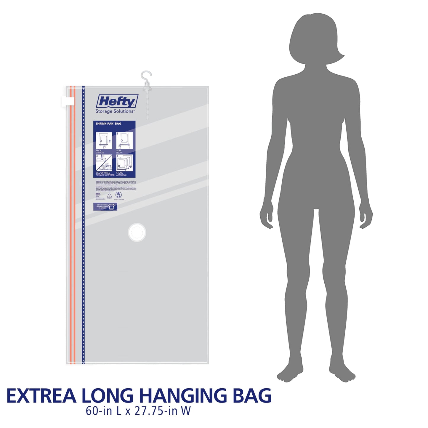 Hefty Hanging Compression Bags 3 Extra Long Vacuum Garment Storage Bags for Clothes, Travel, Closet Organization (60 X 27 Inches) (X-Large)