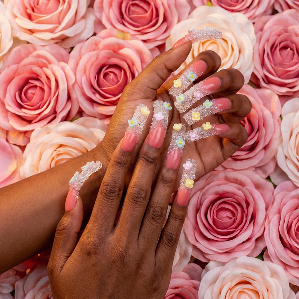 IntoVibes 3D Sugar Crystal Flower Press On Nails,Handmade Curved Down Groove Design, Pink Long Nails with Frosted Crystal Beads Cute Pastel Flowers, Reusable Fake Nails, Square Acrylic Nails(L)