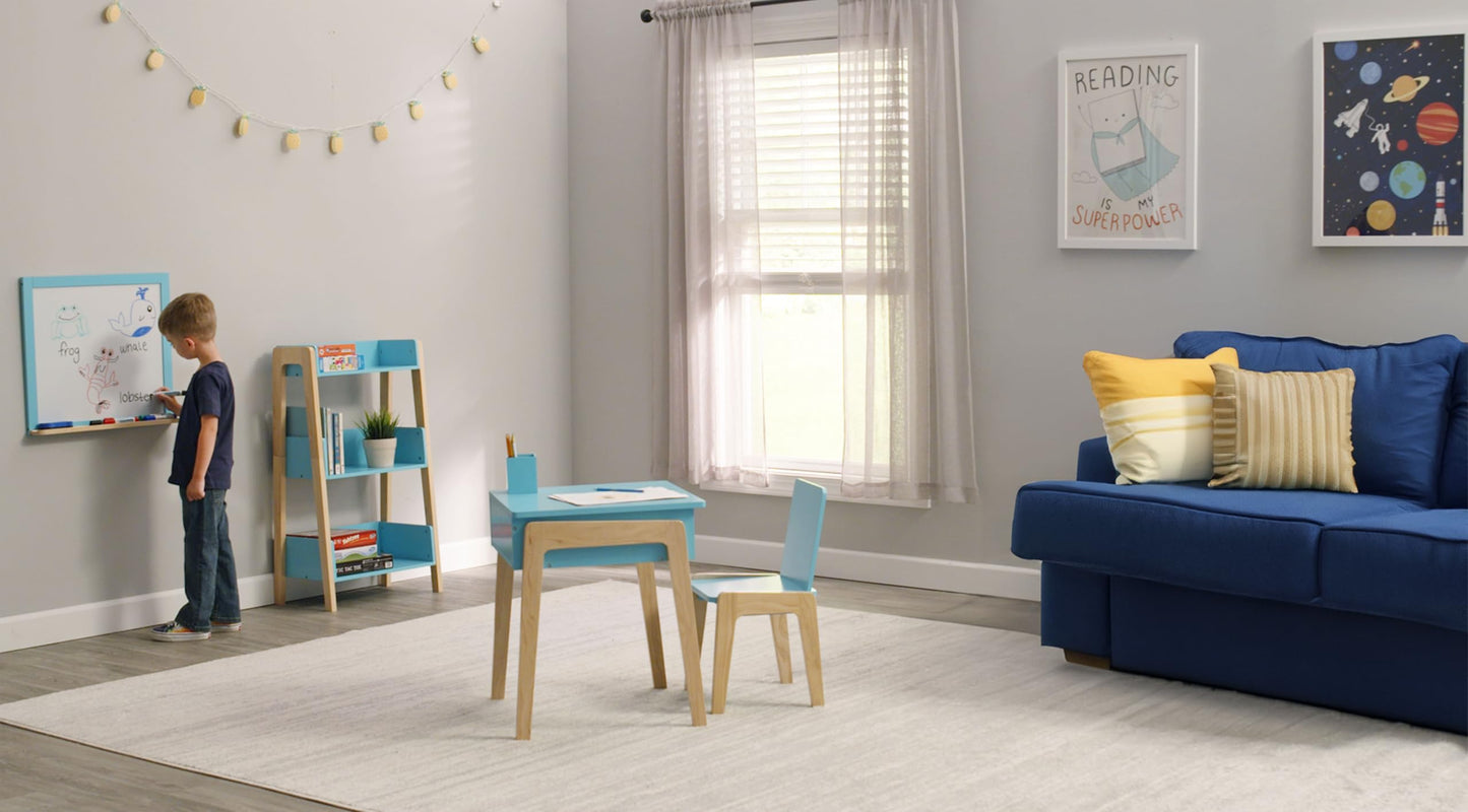 Humble Crew Kids Playroom Set, Desk and Chair with 3-Shelf Bookcase, Dry-Erase Whiteboard, & Markers, All-in-One Toddler Activity Table Set for Learning, Art & Organization