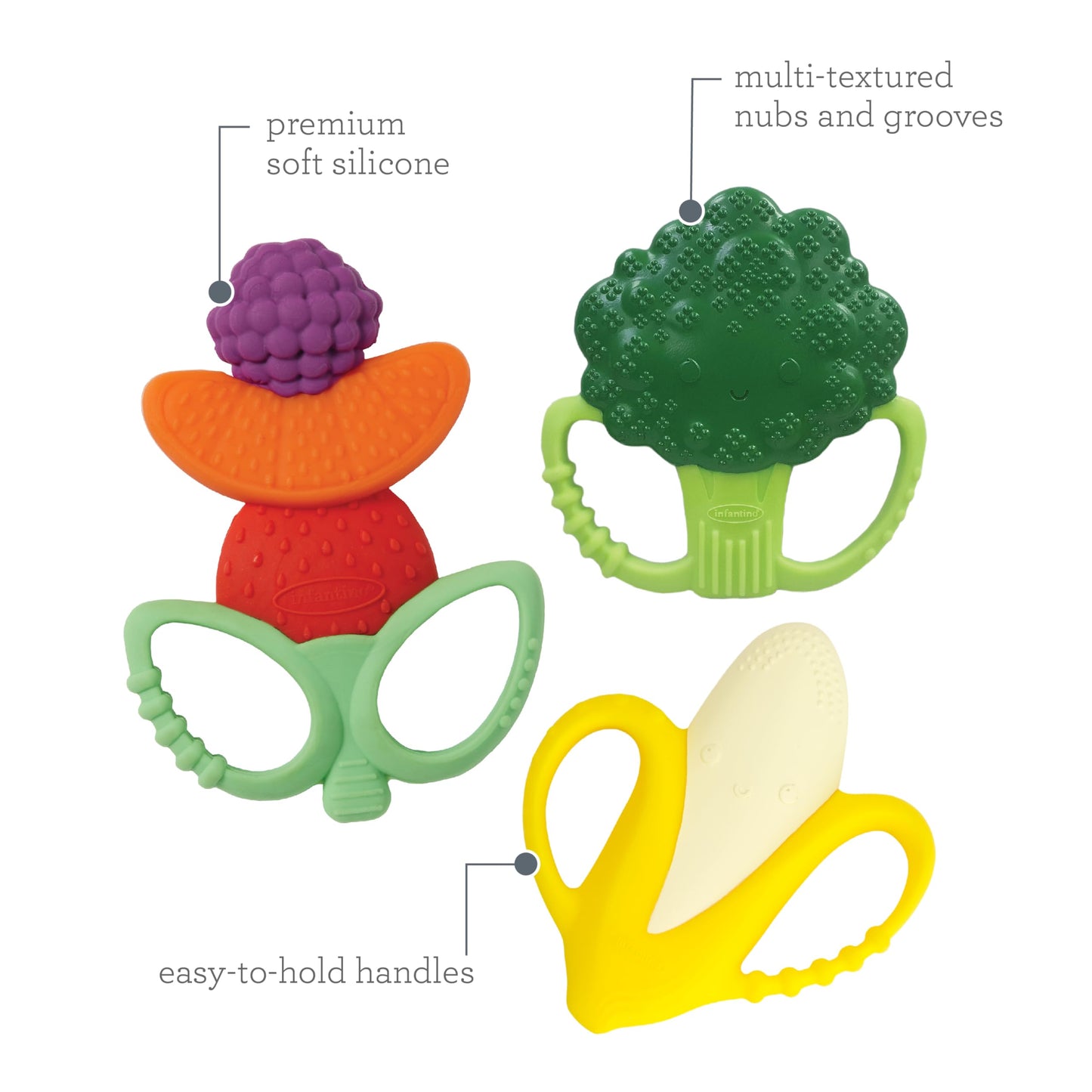 Infantino Lil’ Nibbles Textured Silicone Teethers, BPA-Free Baby Teething Toy, Soft, Easy to Hold, Sensory Stimulation for Infants, Banana, Broccoli, Fruit Kabob, 3-Pack Set