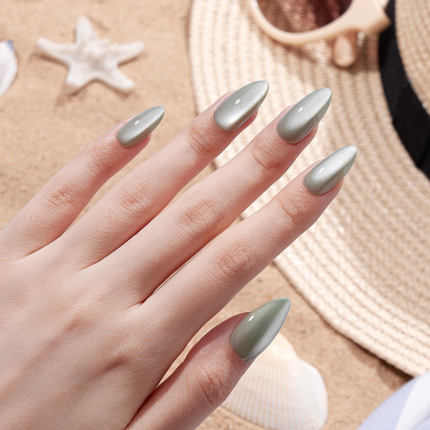 VSALON Almond Medium Press On Nails, Green Holographic Summer Cat Eye Chrome False Nails, Salon Quality Shimmer Fake Nails Kit - 32 PCS Stick on Nails in 16 Sizes with Glue & Cuticle Oil