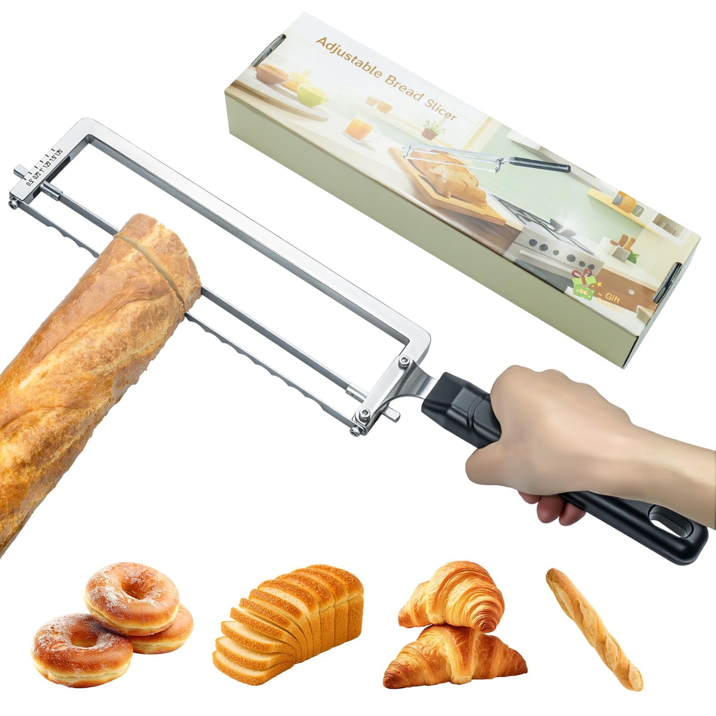 Adjustable Bread Slicer for Homemade Bread,Precision Adjustable Bread Knife With Slicing Guide, Metal Bow Frame,Sourdough Bread Knife Slicer for Homemade Bread, Sourdough, Bread Loaf,Bagels, Loaves
