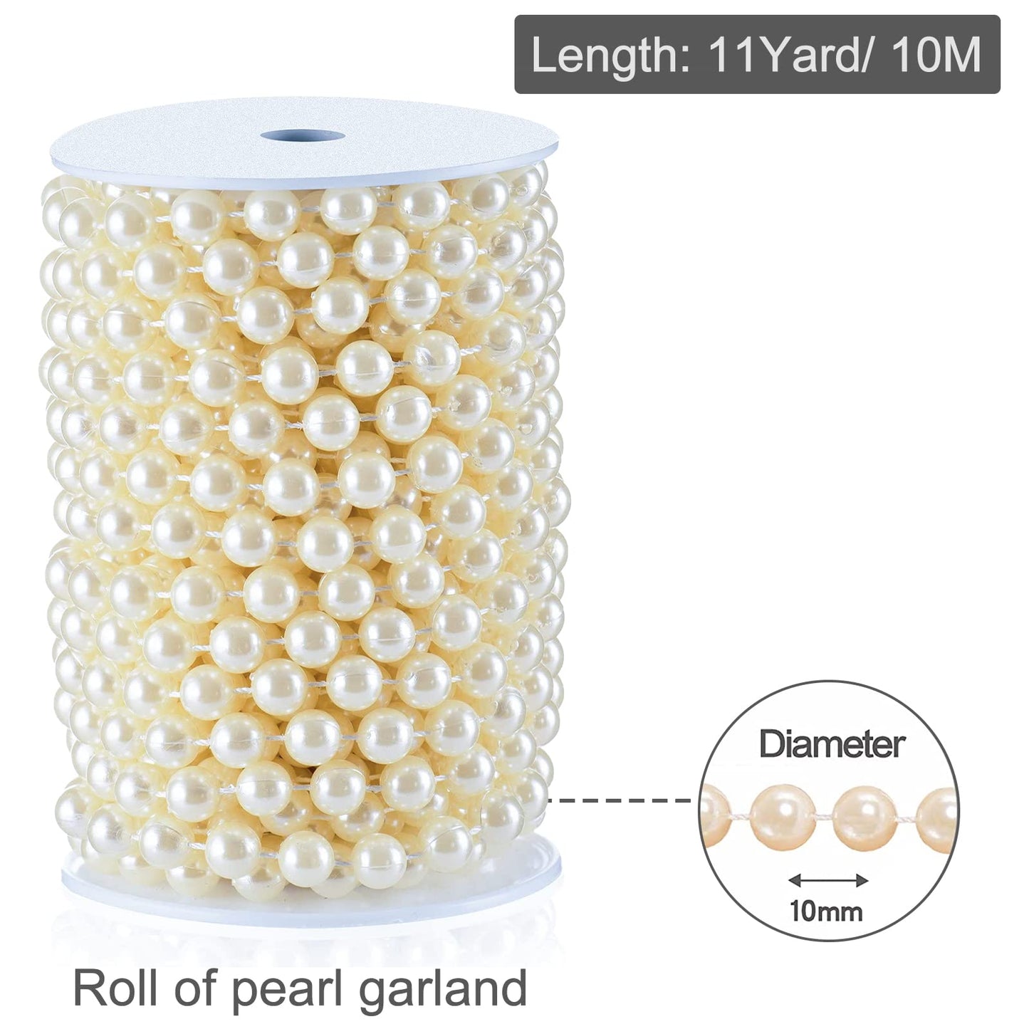 XINHUIDALSQ Craft String of Pearls 10 MM Faux Pearl Beaded, 33 Feet Ivory Garland Bead String for Christmas Tree Decorations, Wedding Party Decoration(Ivory, 10mm/10M)