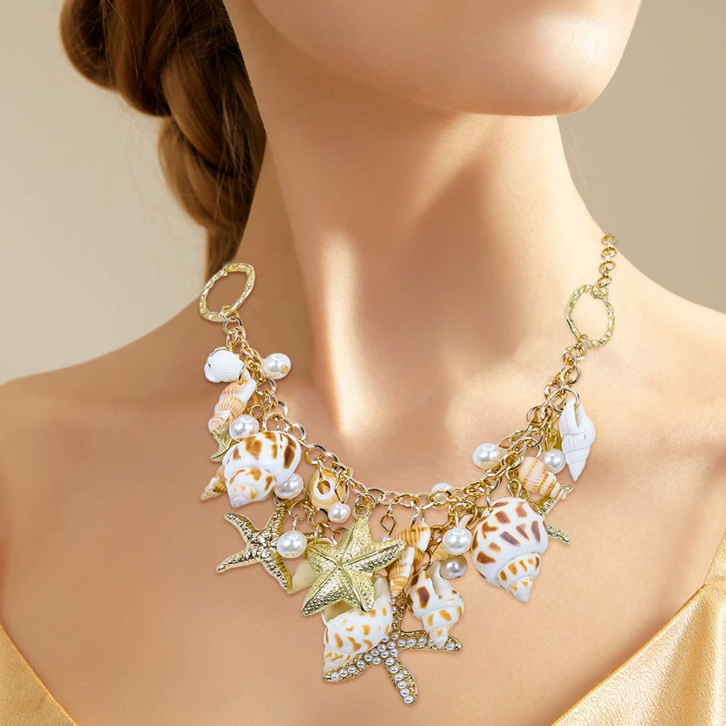 Halawly Shell Necklace Choker - Mermaid Tail Fashion Sea Starfish Faux Pearl Collar Bib Statement Chunky Pendant Set