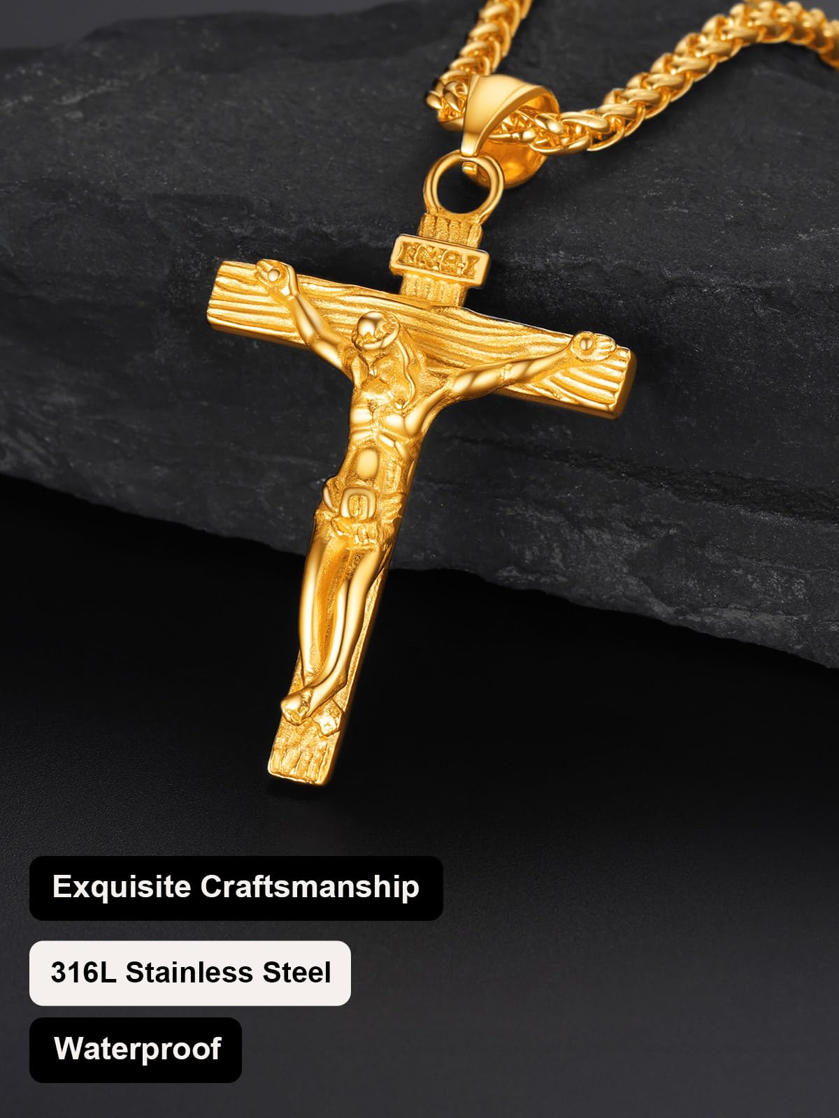 U7 Crucifix Cross Necklace 18K Gold Plated Crucifix Necklace Cross Pendant for Men with Rope Chain 24"(Gold)