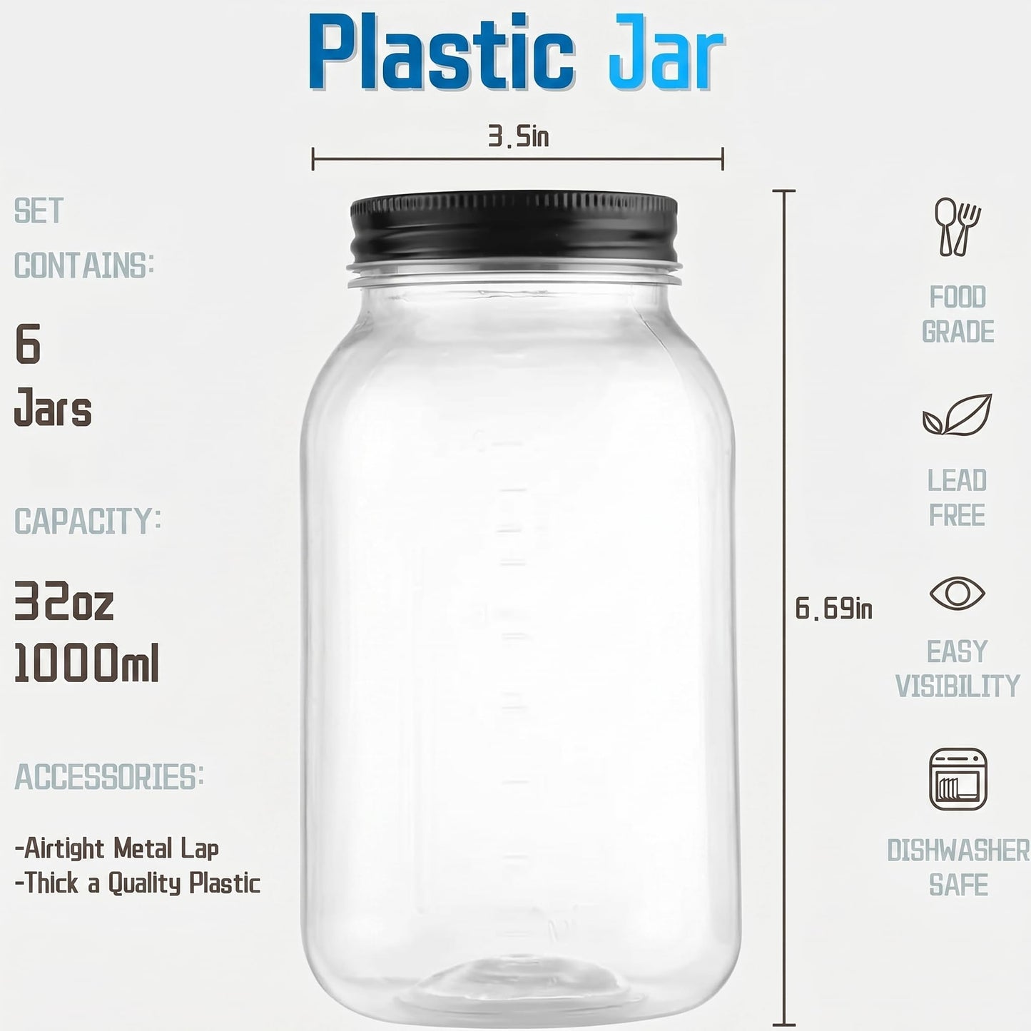 novelinks 32 oz Clear Plastic Jars with Lids, 6 Pack Large Plastic Mason Jars with Lids 32oz, Reusable Quart Containers for Kitchen Organization (6 Pack,Black)