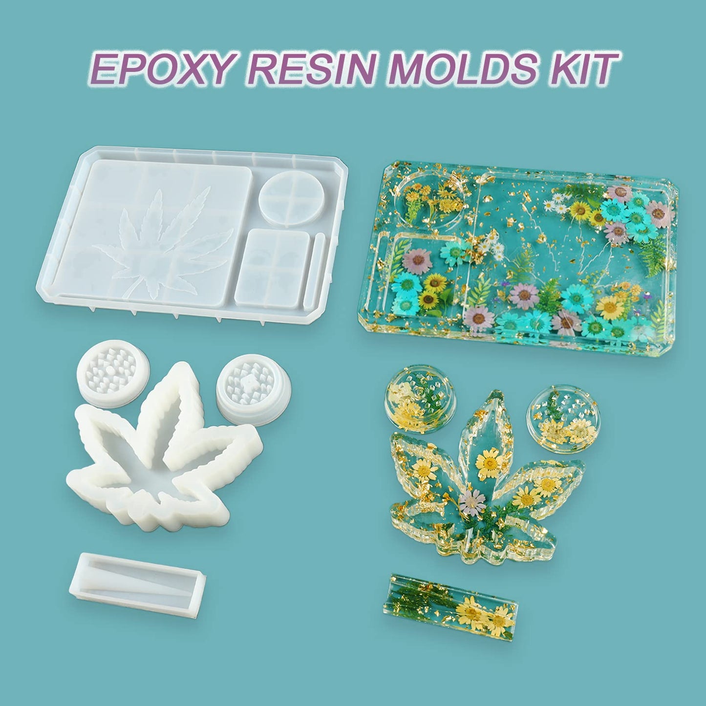 4 PCS Silicone Molds for DIY Epoxy Resin - Large Resin Molds Including Rolling Tray Mold Ashtray Joint Holder and Resin Grinder Mold