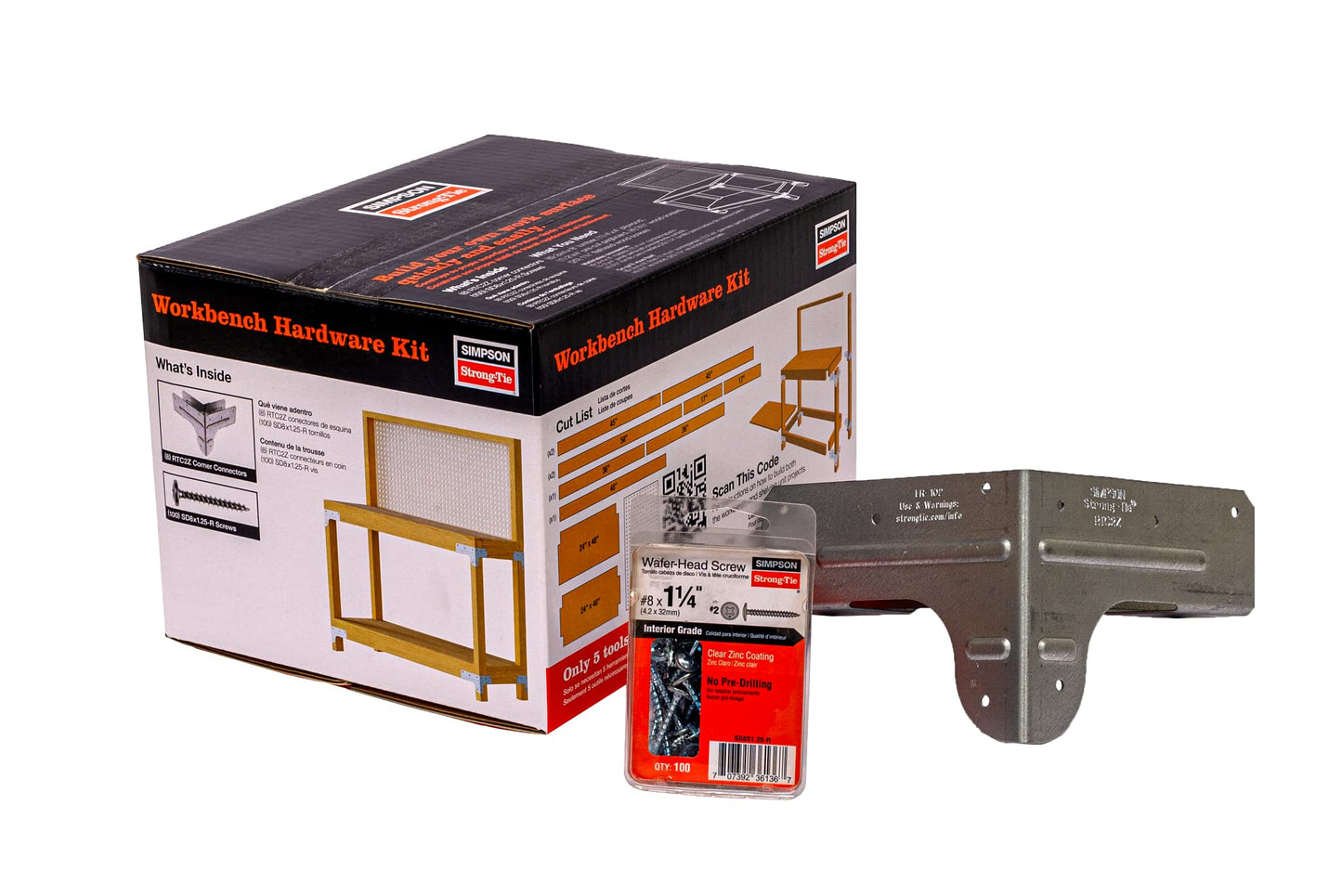 Simpson Strong-Tie WBSK - Workbench and Shelving Hardware Kit Featuring Rigid Tie RTC2Z Corner Connector & Wafer-Head Screws, Ideal for Woodworking & Home Improvement Projects