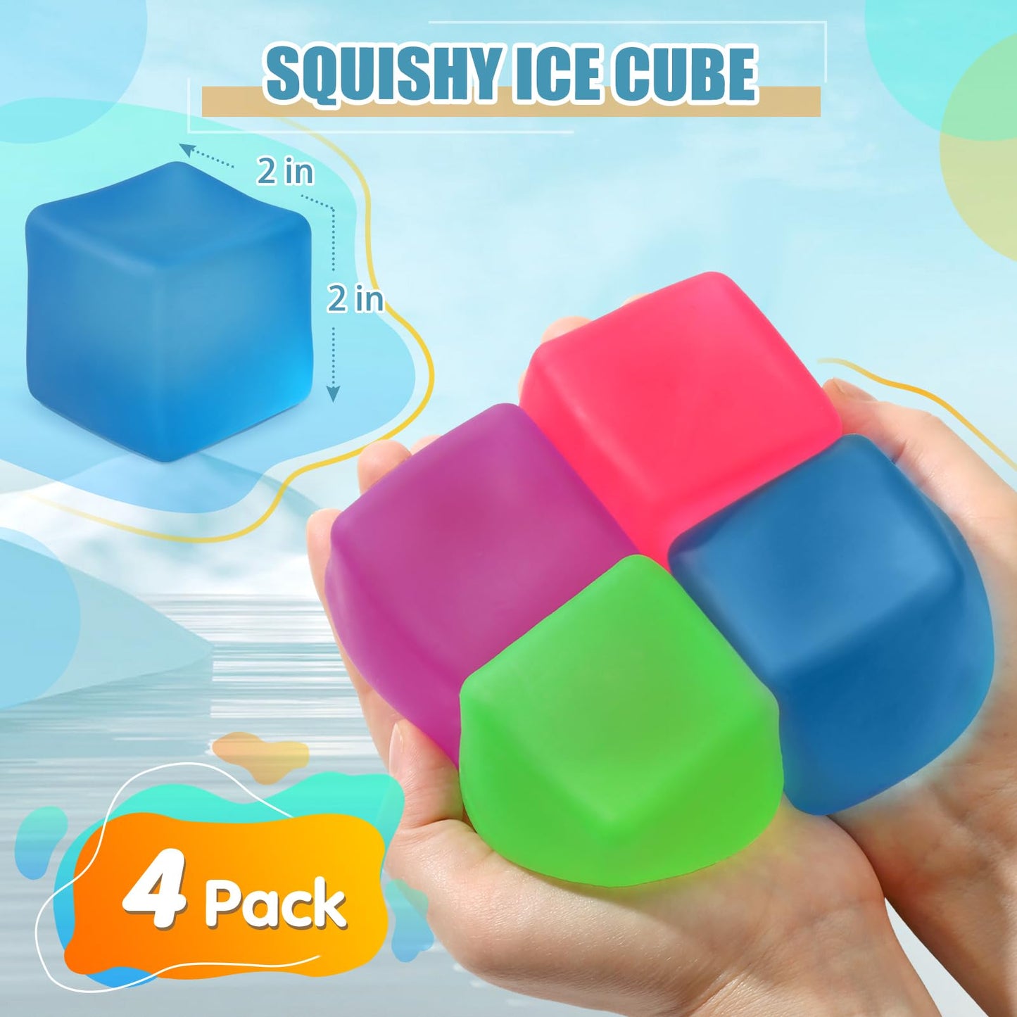 APLIST Stress Cube Squishy Fidget Toys - 4 Pack 2 Inches Square Ice Squeeze Balls High Density Gel Filled, Quiet Fidget for Classroom Student Calming, Sensory Anxiety Relief Item for Kids Adults