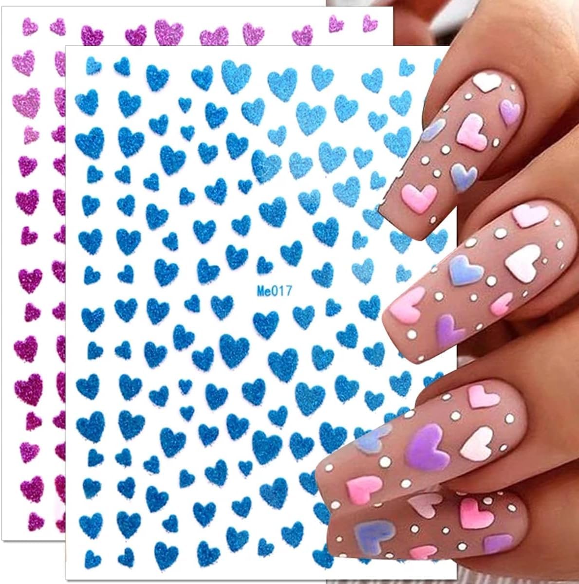 Heart Nail Art Stickers Decals 3D Shiny Glitter Love Hearts Self Adhesive Shining Glitters Powder Effect Valentine's Day Heart Nail Design for Lovers Romantic DIY Nail Decorations Manicure Accessories