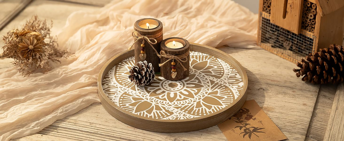Hanobe Round Decorative Tray for Table: Boho Coffee Table Trays for Home Decor - Mid Century Farmhouse Circle Wood Serving Rustic Bohemian for Kitchen Counter Women