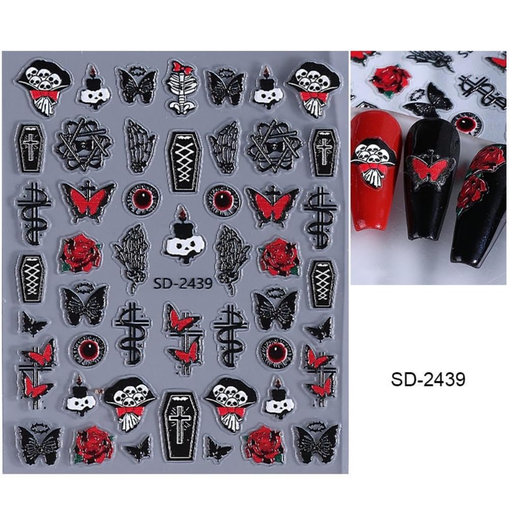 Halloween Nail Stickers Ghost Skeleton Nail Art Stickers 3D Self-Adhesive Butterfly Bow Nail Designs 5D Embossed Coffin Pumpkin Nails Supplies for Women Holiday DIY Manicure 5 Sheets