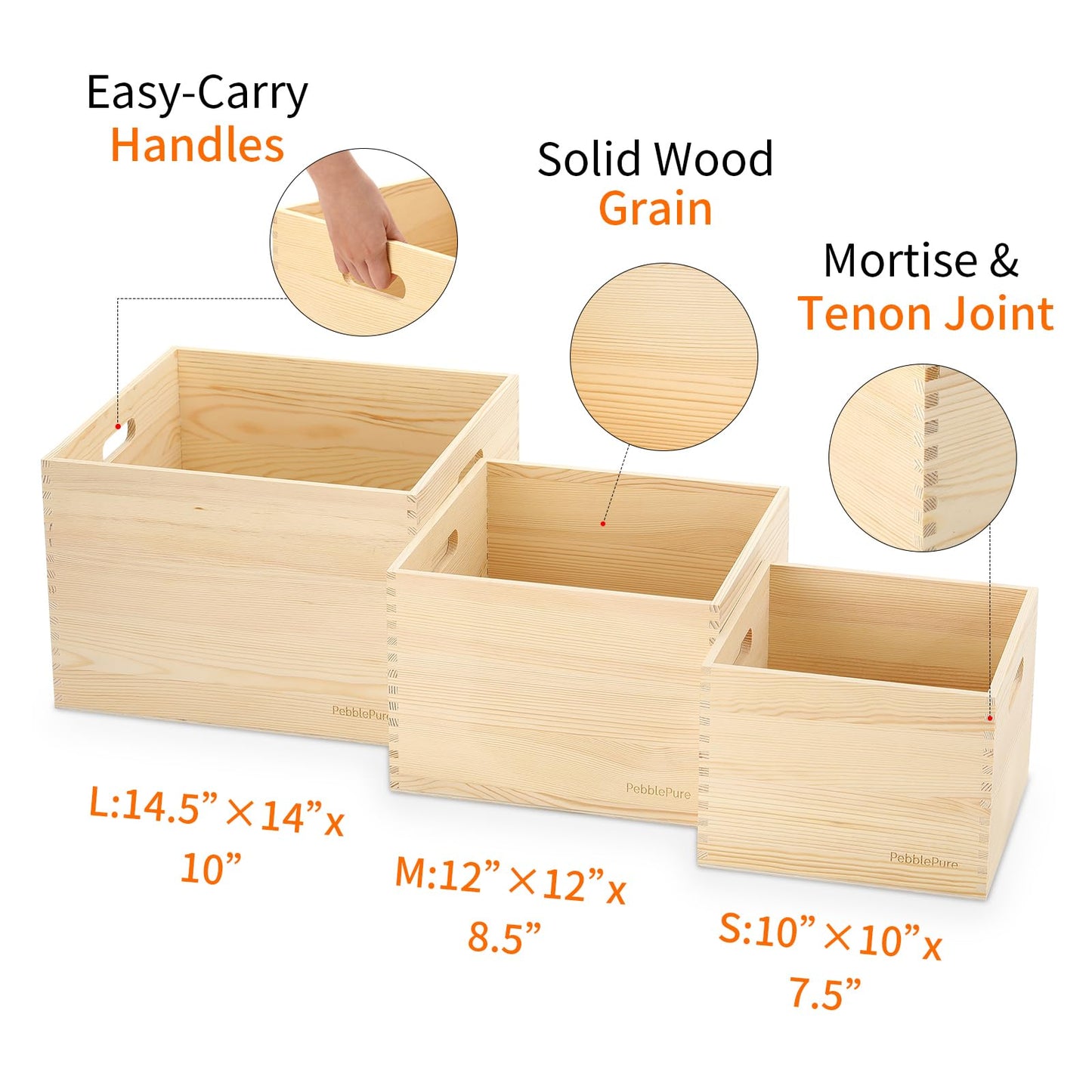 PebblePure Set of 3 Large Wood Storage Crates (Up to 14.5"x14"x10"), Fully Assembled, Seamless Dovetail Unfinished Farmhouse Solid Natural Nesting Wood Crates for Home Office Retail Display