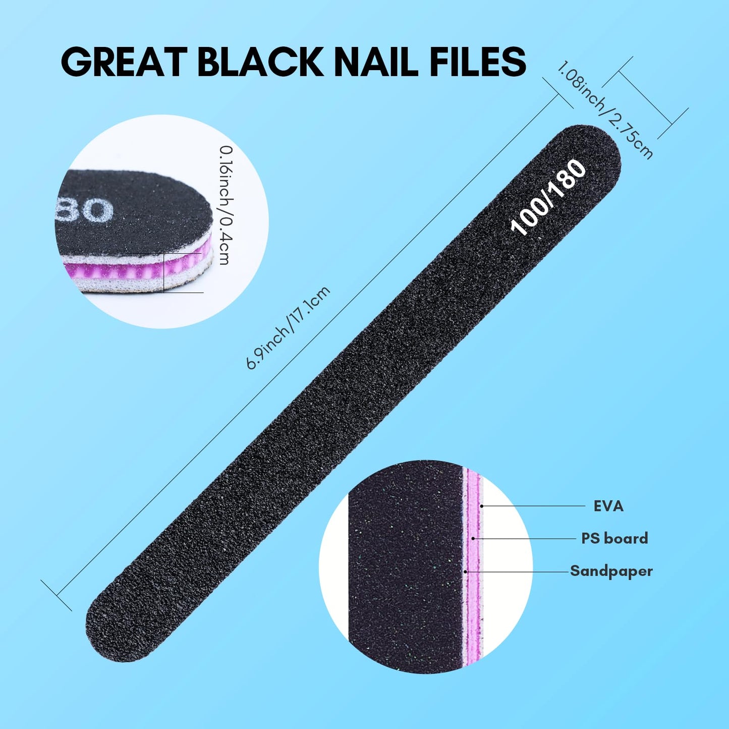 Makartt Nail File, 100/180 Grit Emery Boards for Nails, 20 Pcs Black Professional Washable Filer Kit for Medium and Gentle Filing Manicure Tools