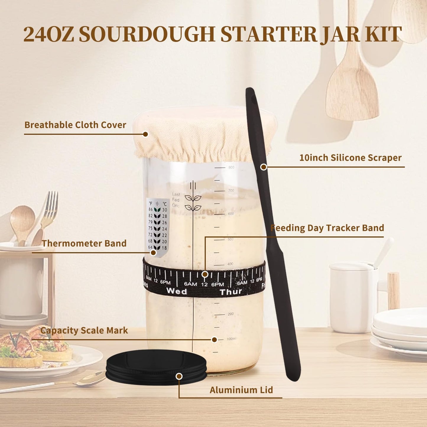 Sourdough Starter Kit,Banneton Bread Proofing Basket 10Inch Round,Sourdough Bread Baking Supplies With Starter Jar,Bread Sling,Lame,Danish Dough Whisk Sourdough Kit Gifts (Khaki)