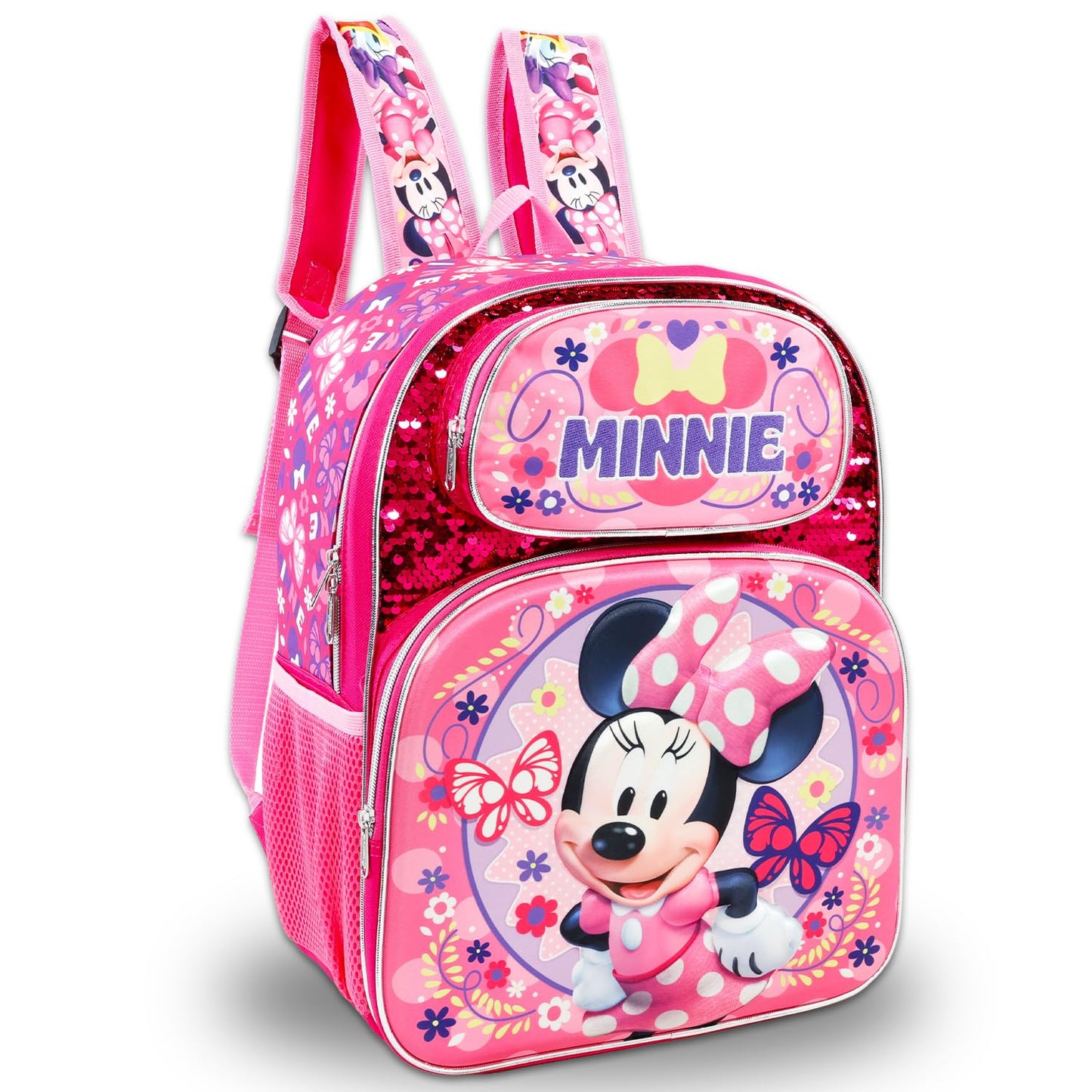 Minnie Mouse School Backpack for Girls - Bundle with 16” Disney Sequin Bag Plus Water Bottle, Stickers, More | Minnie School Supplies for Kids