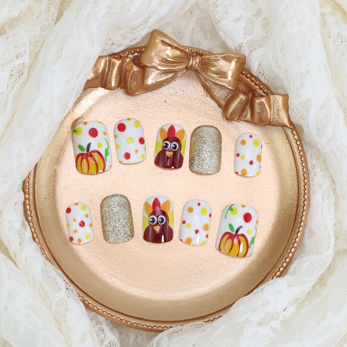 24Pcs Thanksgiving Press on Nails Short Square Turkey Fake Nails with Gold Glitter Design White False Nails Full Cover Artificial Glue on Nails Fall Stick on Nail for Acrylic Autumn Manicure Salon