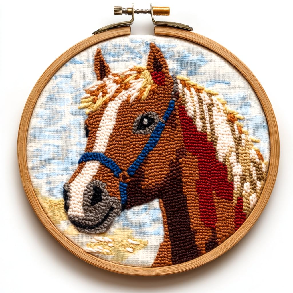SHANXOO Punch Needle Kits A Brown Horse Easy for Beginners DIY Punch Needle Yarn Starter Embroidery Set for Craft Lovers with Printed Pattern and Hoop for Home Decor 20x20cm(3)
