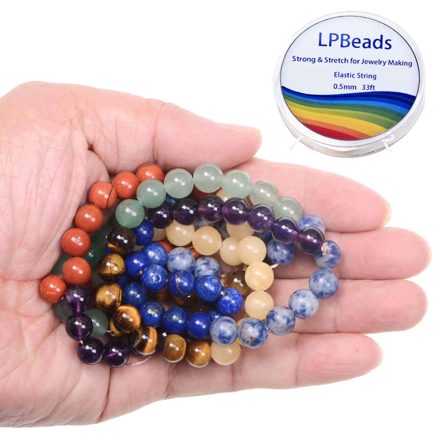 LPBeads 100PCS 8mm Natural Mixed Chakra Beads Round Loose Gemstone for Jewelry Making with Crystal Stretch Cord