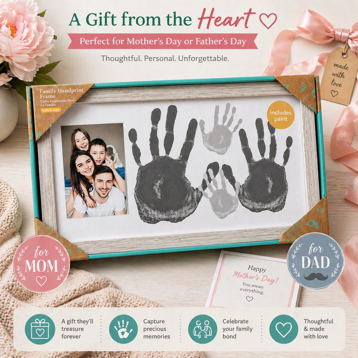 Kate & Milo DIY Family Handprint Frame Kit, Fathers Day Gift, Family Photo Keepsake Craft Frame with Paint, Rustic Farmhouse Home Décor