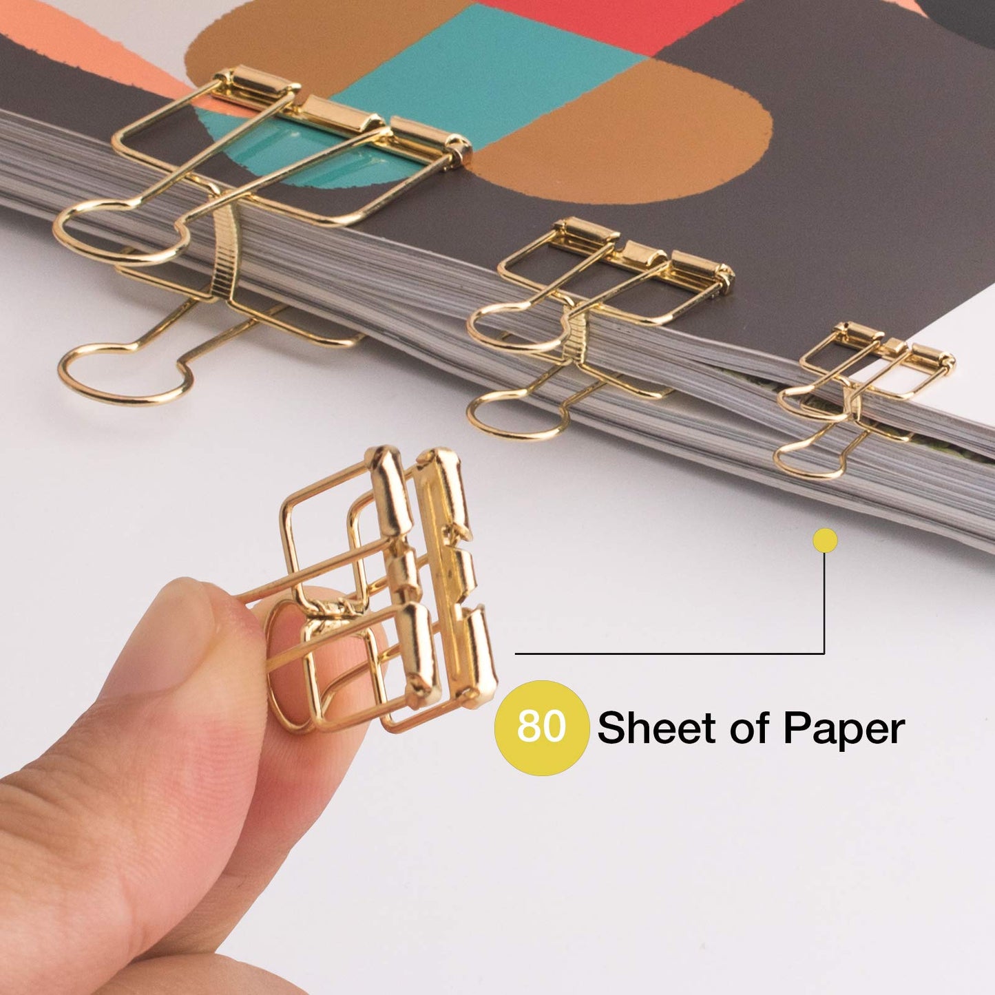 18 Pcs Gold Wire Binder Clips and 20 Pcs Cute Paper Clips Set Assorted Sizes, 2 Big 6 Medium 10 Small Smooth Steel Hollow Office Clamp Clips