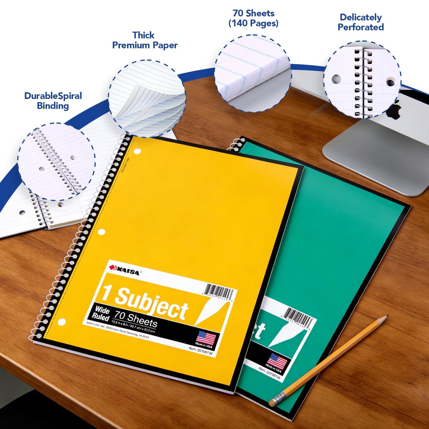 KAISA 1-Subject Wirebound Notebook Spiral Note Book, 8x10.5inch Wide Ruled 70sheets/pad Wire Notebooks Office School Supplies for Students Office, Pack of 6Pads, S07001W