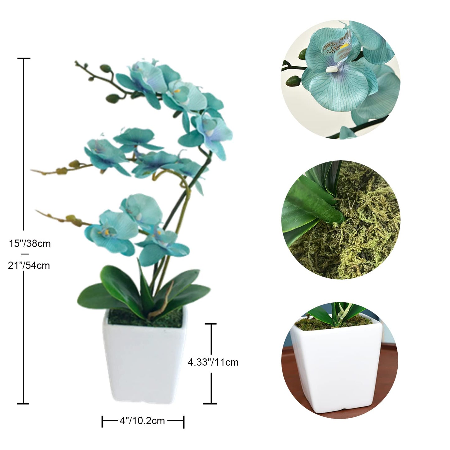 YSZL 15 Inches Tall Artificial Silk Phalaenopsis Orchid Flower Plant Pot Teal Arrangements (Golden Blue)