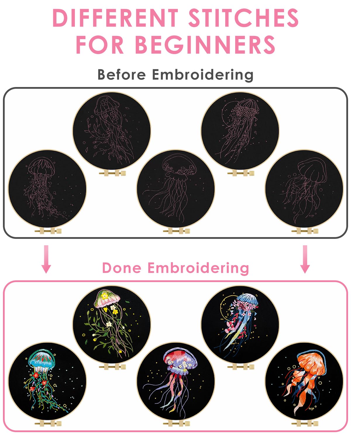 TINDTOP Embroidery Kit for Adults, 5 Sets Jellyfish Embroidery Kit for Beginners Include Embroidery Cloth Hoops Threads for Craft Lover Hand Stitch with Embroidery Skill Techniques