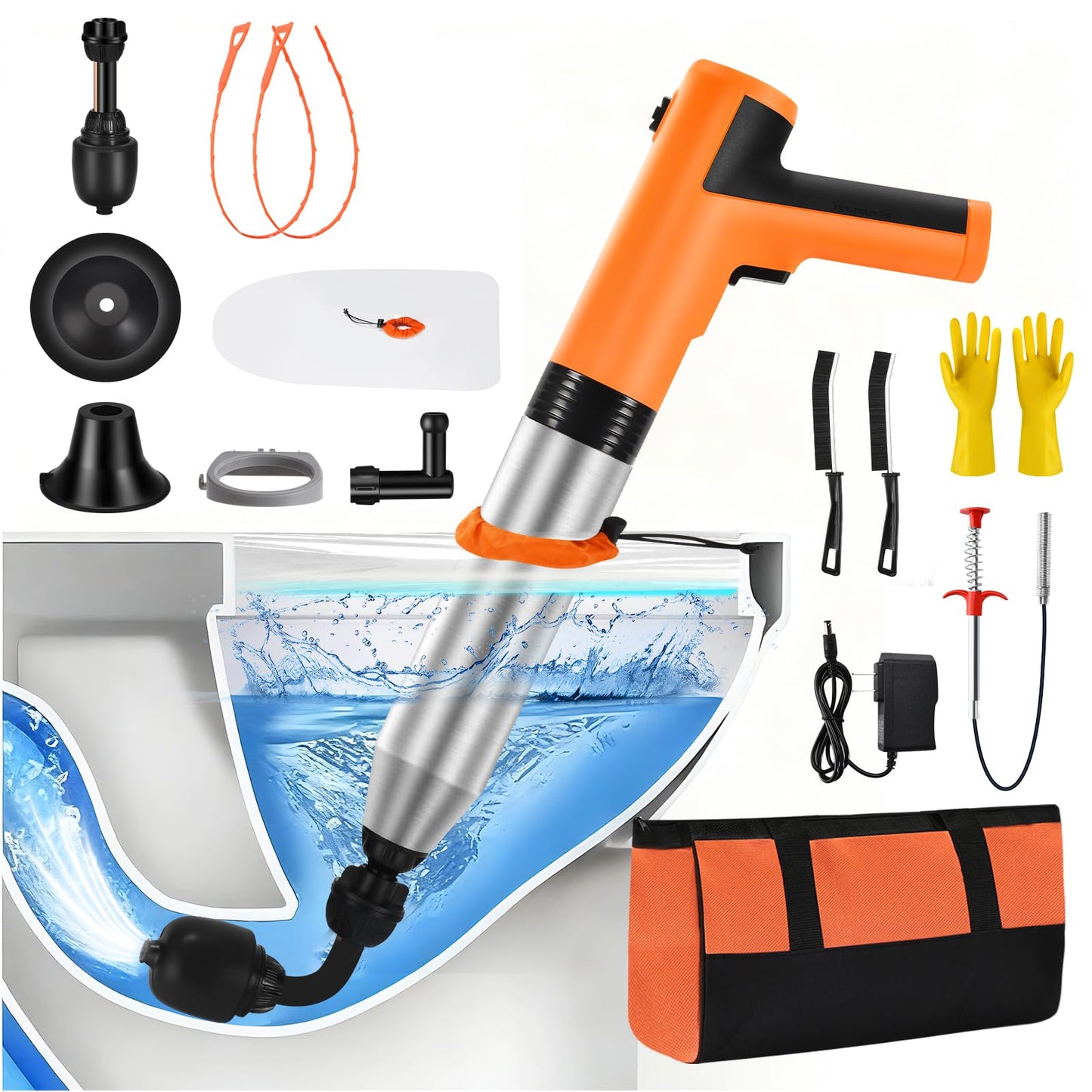Electric Toilet Plunger, High Pressure Toilet Snake Drain Clog Remover, Splash-free Unclogger with Drain Snake Auger, Plungers for Bathroom Heavy Duty, Versatile Air Blaster Unclogger Kit (Orange)