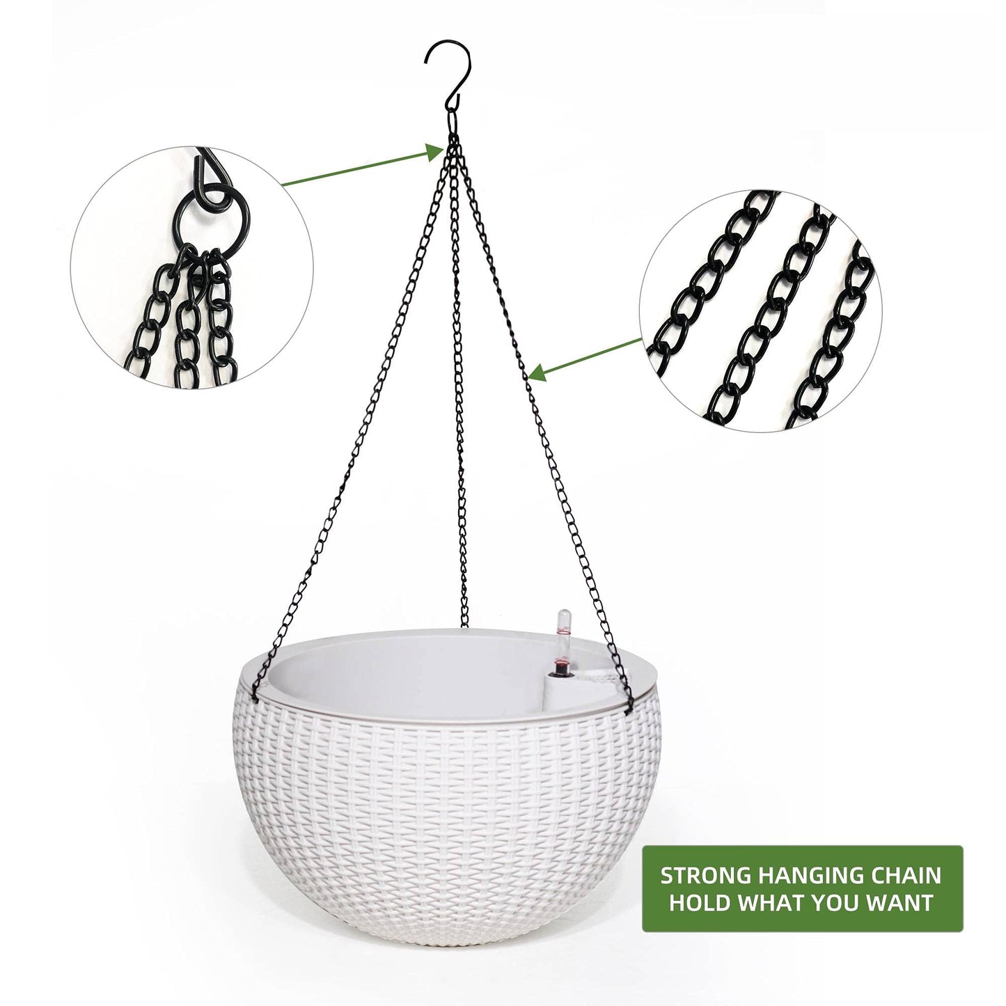 Dexceder 10.5 Inch Large Self Watering Hanging Planters Indoor Outdoor, Thickened Hanging Basket Flower Plant Pot with Water Level Indicator (White)