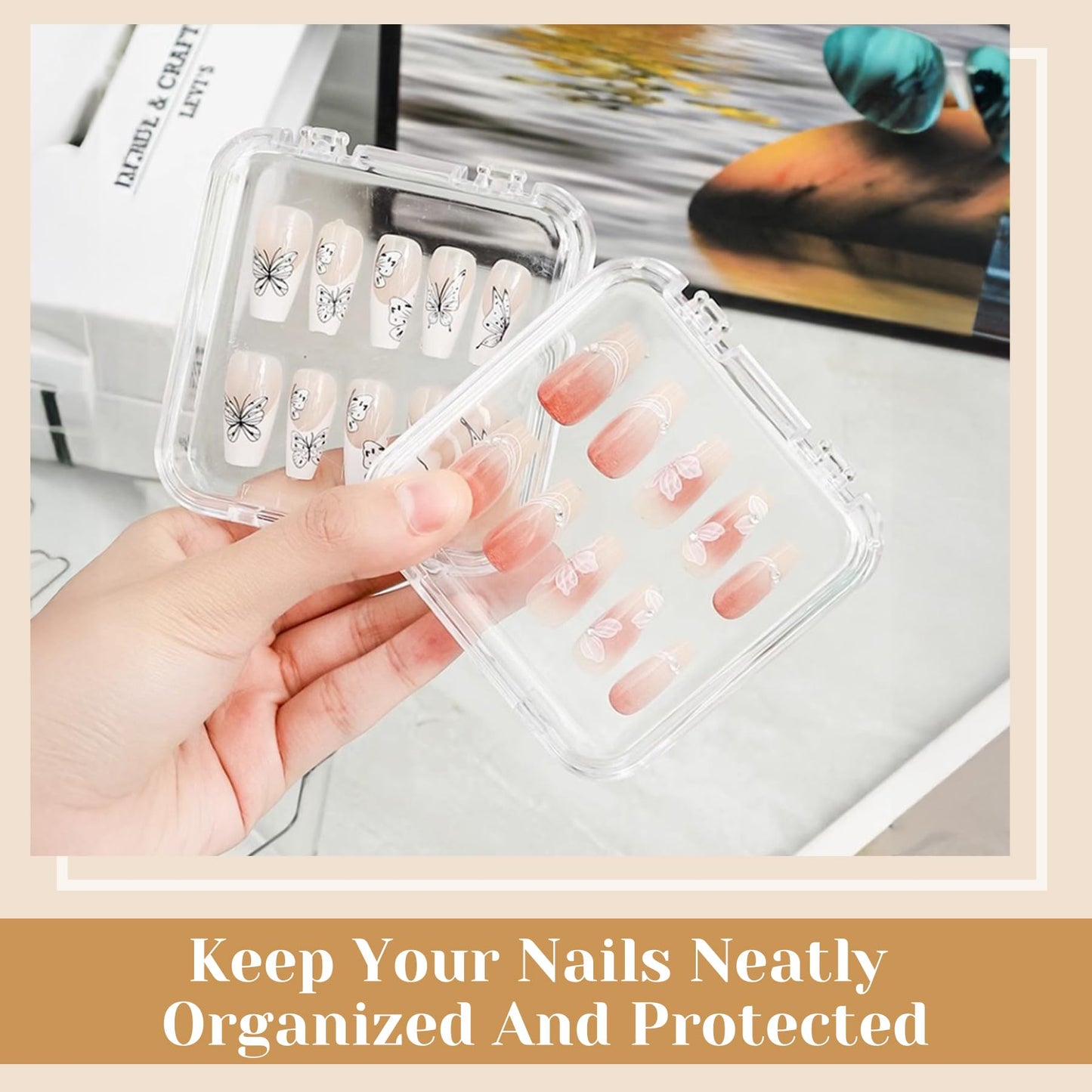 Press On Nail Organizer 14 PCS Clear Press On Nail Storage Boxes and 1 Big Storage box with 60 Pcs Adhesive Double Sided Tape,Press On Nail Packaging for Fake Nail Storage Nail Display Nail Salon.