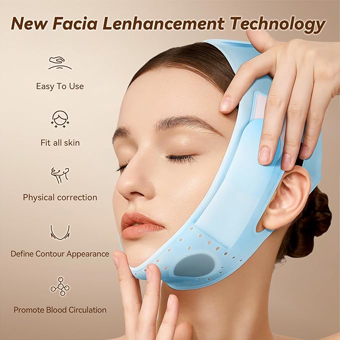 JUSRON V-Line Mask Chin Up Mask Face Strap, Soft Silicone Chin Strap V Shaped Face Mask, Jaw Exerciser 23-27 Inches (Light Blue)