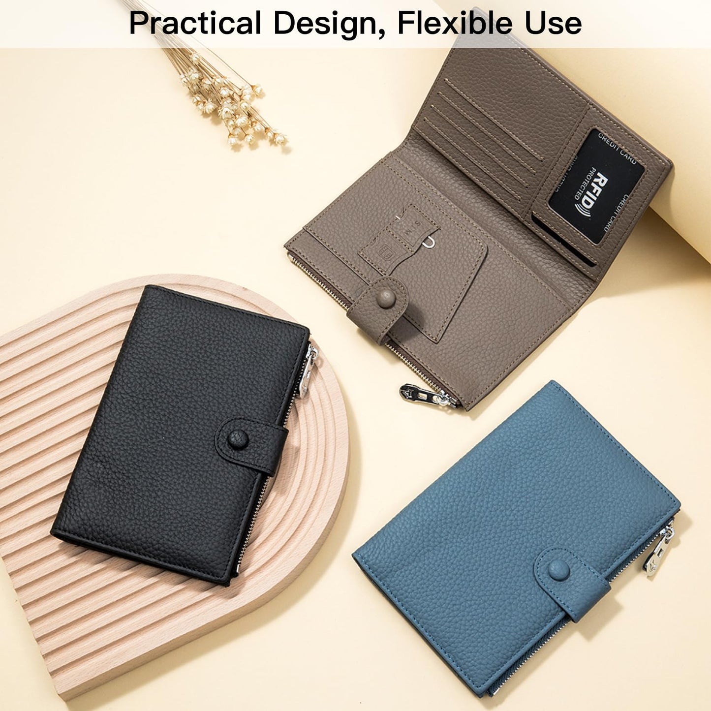 Genuine Leather RFID Blocking Passport Holder Wallet, Multi-Functional Travel Document Organizer with Zipper Pocket, Includes SIM Card Ejector Pin (Blue)