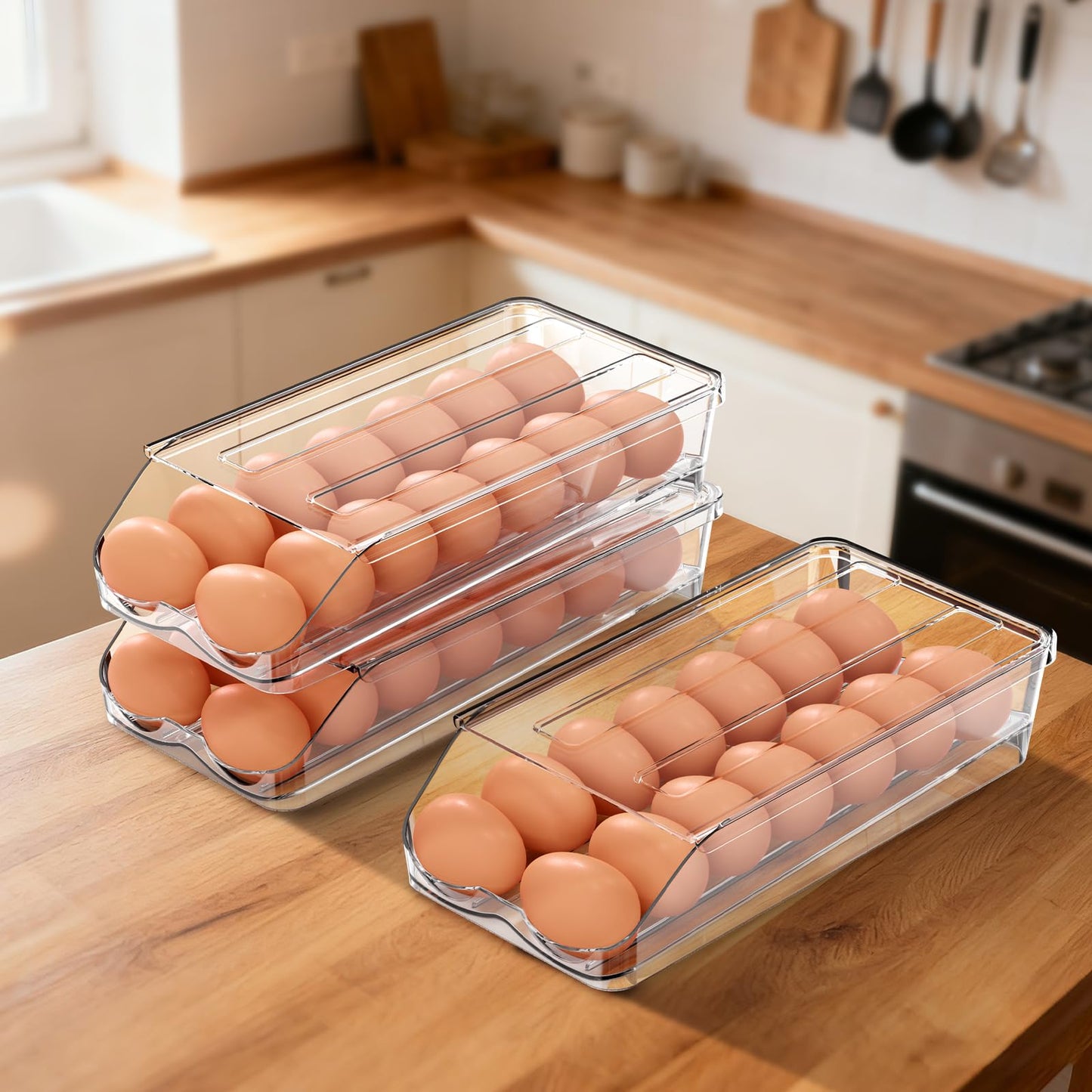 BOBELA Egg Holder for Fridge,Automatic Rolling Egg Container for Refrigerator,Clear Stackable Egg Organizer with Removable Lid for Fridge Organizers and Storage,1 pack