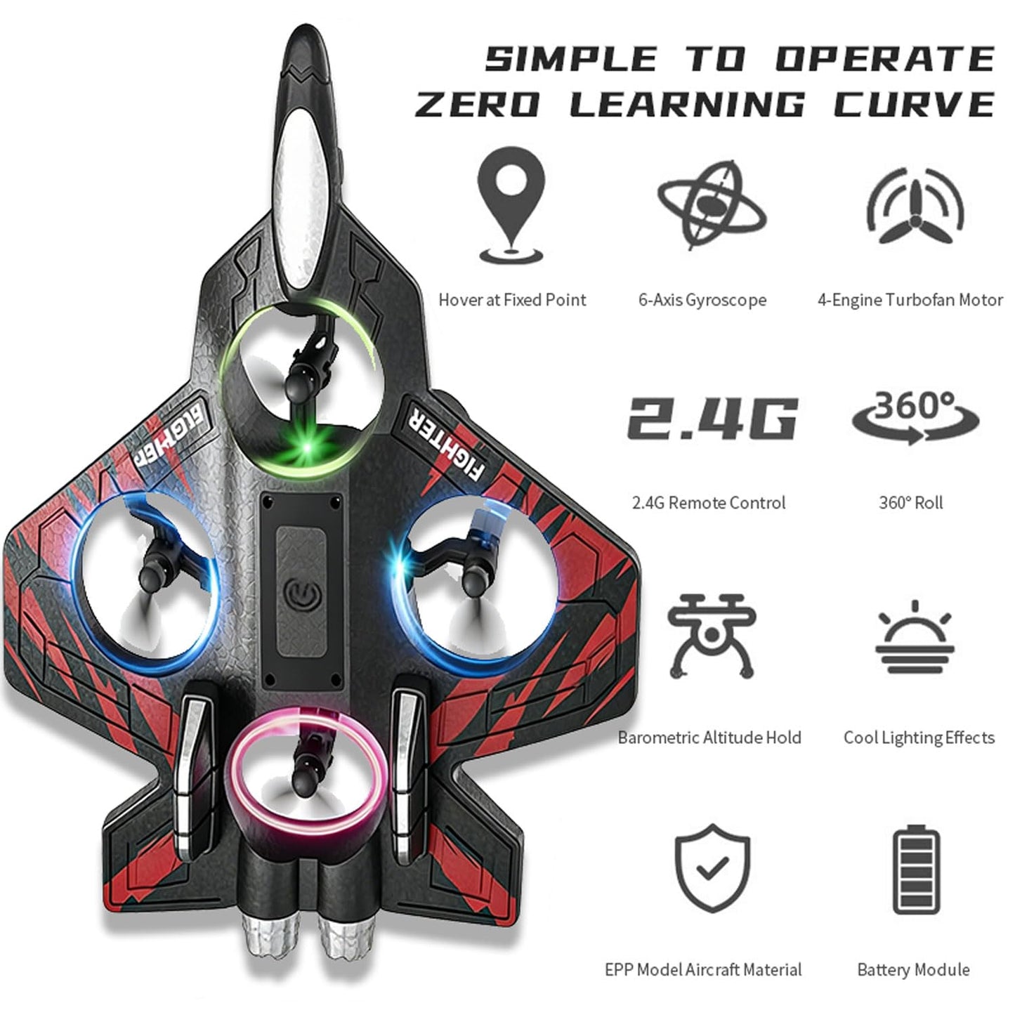 RGIMF Foam Remote Control Airplanes, RC Planes with Light, RC Airplane Fighter Jet, 360° Flip, Stunt Roll, Drones for Men, Remote Control Plane (Red)