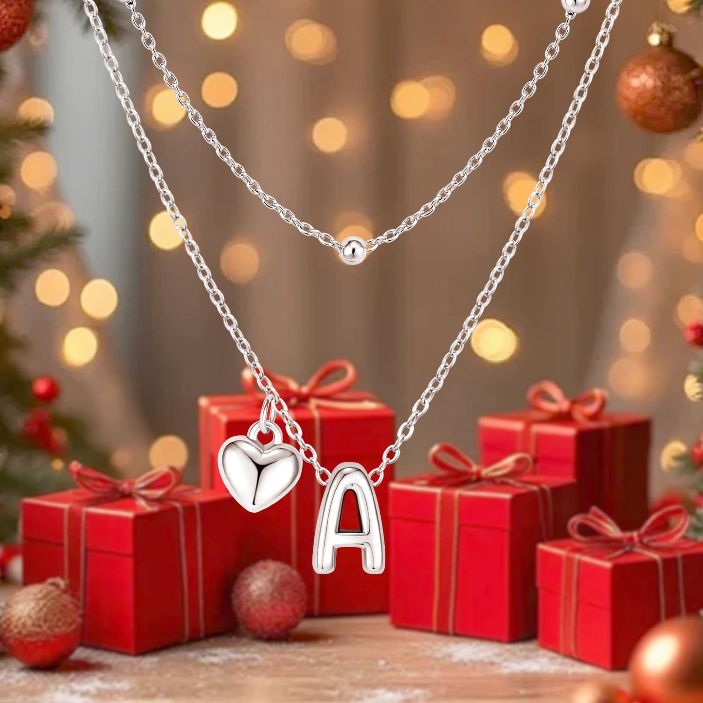 adoyi Silver Heart Initial Necklaces for Women 14k Gold Plated Layered bubble Letter Necklace Dainty Heart Q Pendant Necklace Stack Birthday Valentines Gifts for Women Jewelry