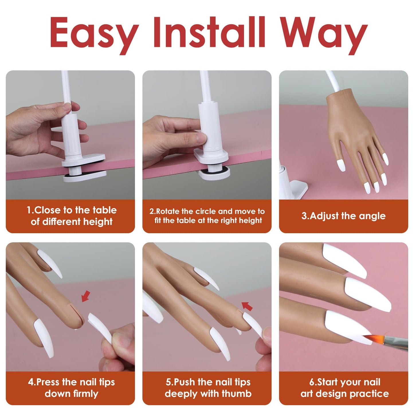 Acrylic Practice Hand Fake Nails Kit, BORNBYME Upgrade Nail Training Adjustable Finger Kits, Fake Nails Hands for Nail Beginner Practice with 200 PCS Nail Tips, White