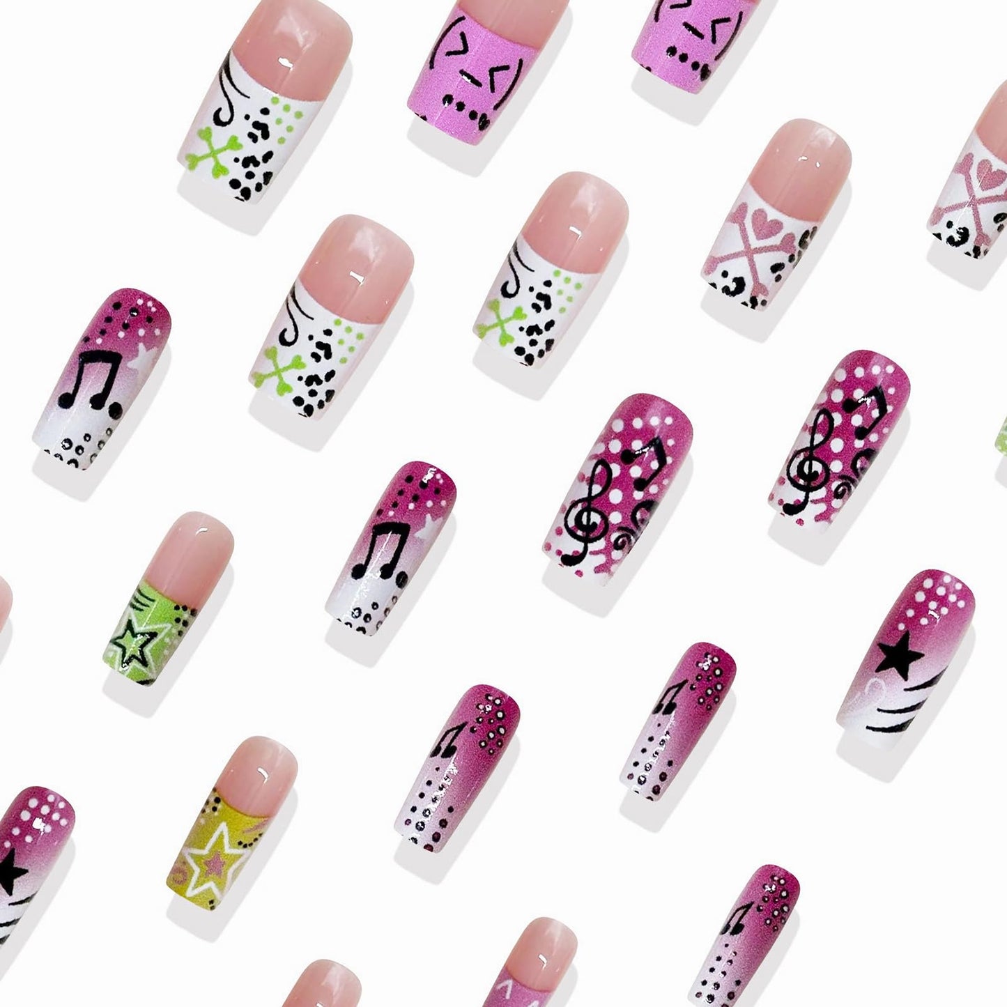 MISUD Press on Nails - Long Square Fake Nails with French Tip, Acrylic Y2K Star Design 24 pcs