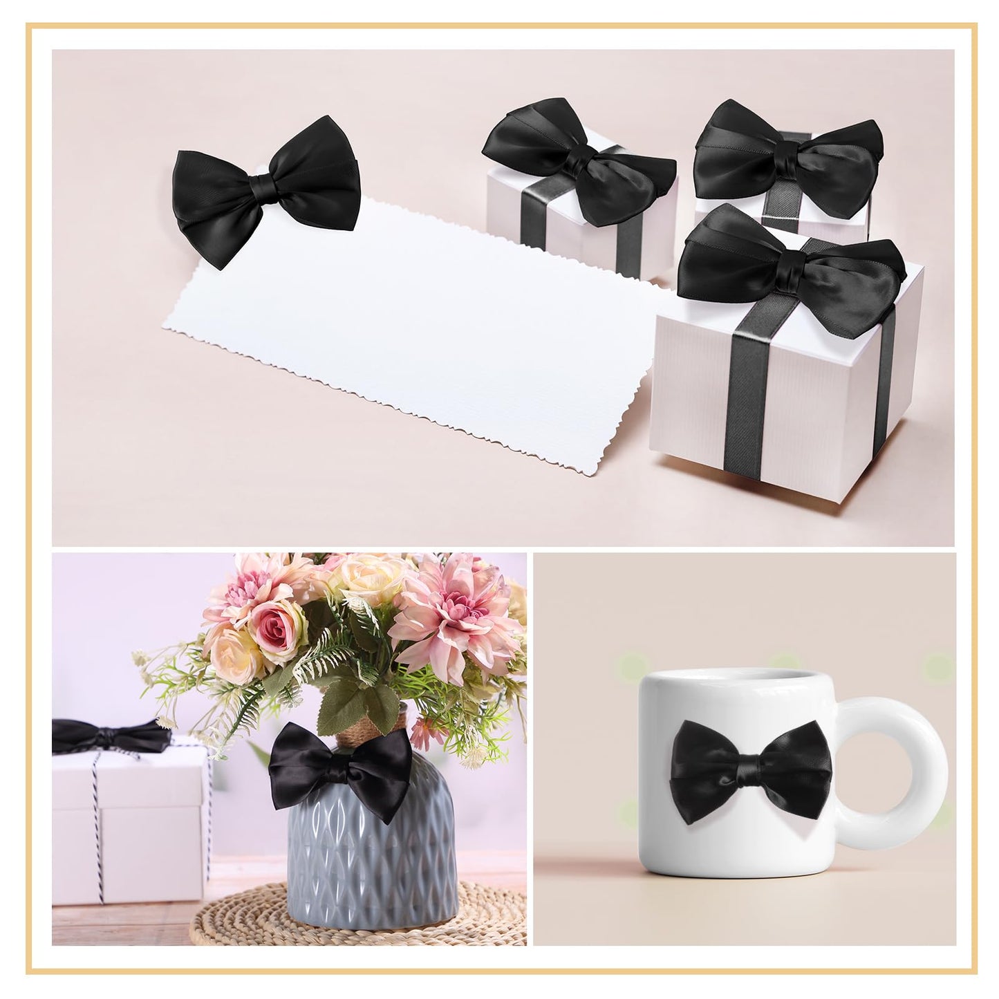 Riceshoot 24 Pcs Satin Ribbon Bows 3.5" Self Adhesive Satin Bows Gift Wrapping Stick on Premade Ribbon Bow with Double Sided Tape for Making Crafts Baby Shower Party Wedding Decor(Black)