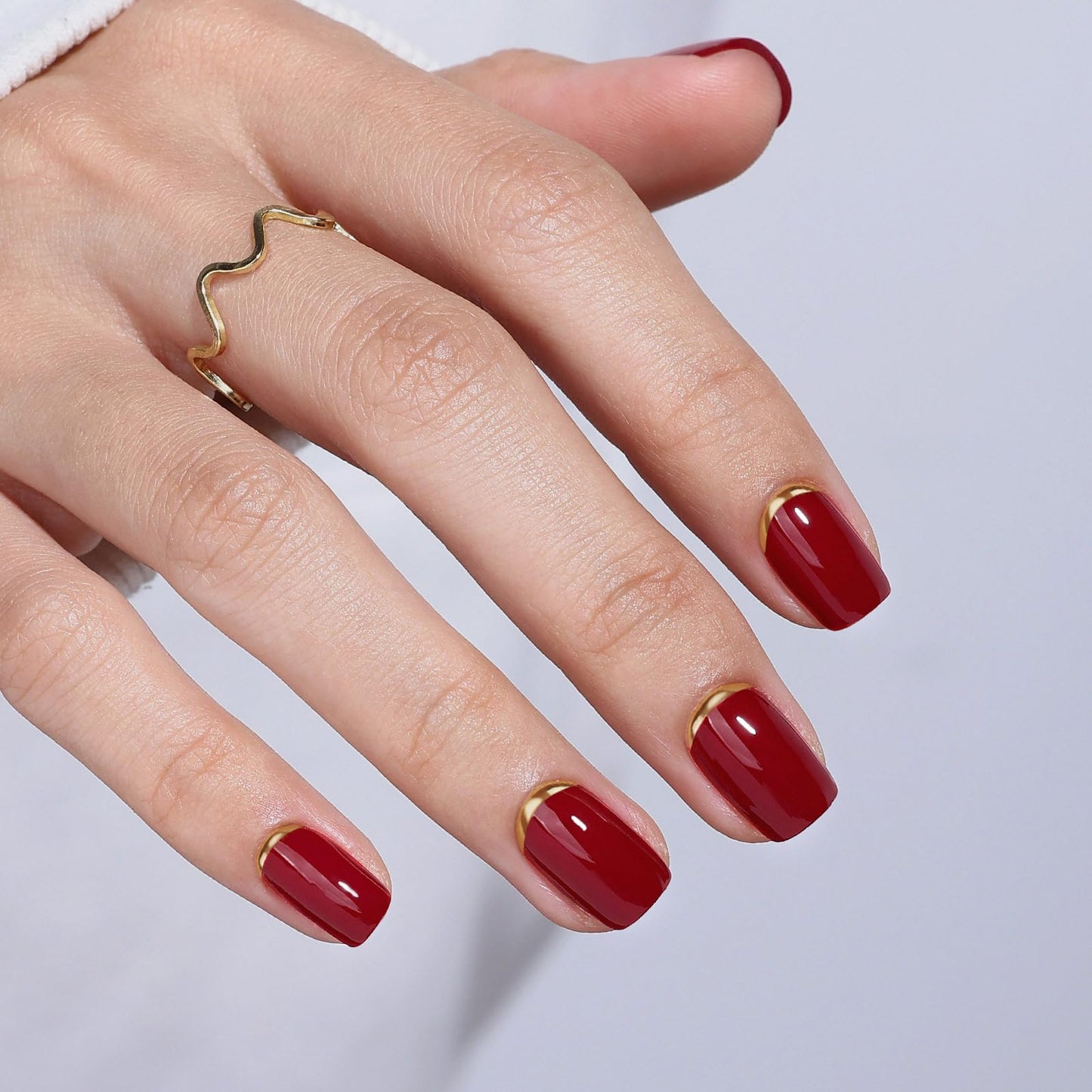 Red Press On Nails with Designs - GJZEZ Soft Gel Glossy Square Nails Press ons with Gold Cuffs French Tip, Salon Quality Fake Nails for Women, 16 Sizes - 32 pcs Long Lasting Reusable Nails, Gold End
