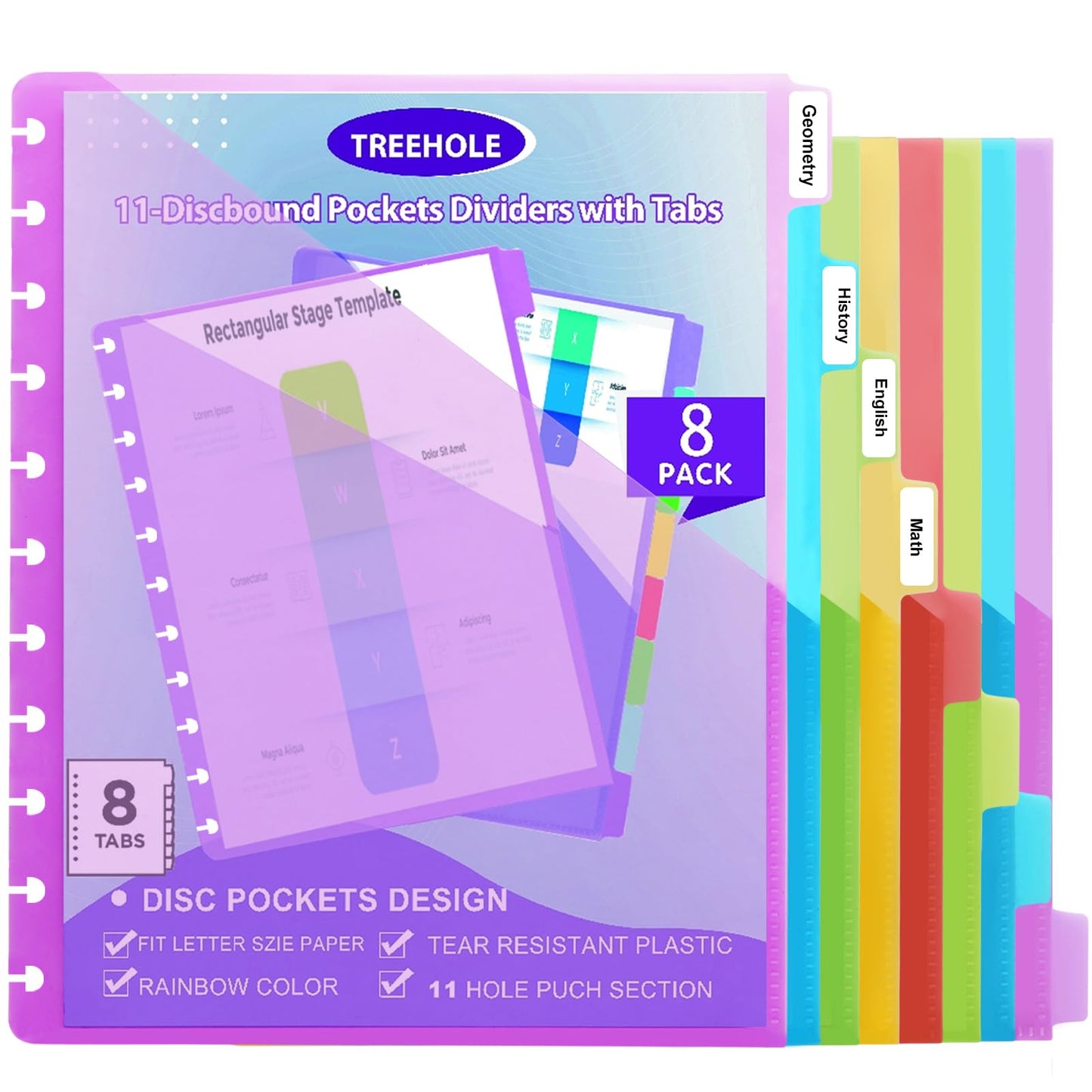 11 -Discbound Pocket Divider with 8 Tabs,2 Set Letter Size Tul Notbook Divider Folder Dis Planner Inserts for for Document Discbound System, Office Home School（16PCS