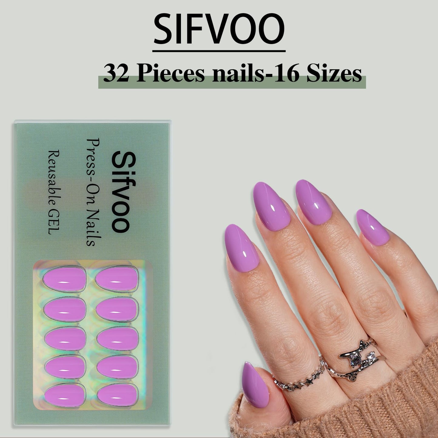 Sifvoo Purple Press On Nails Short Almond, Glossy Reusable Press On Nails for Women, 32 Count 16 Sizes Nail Kit with Glue (SV-13)