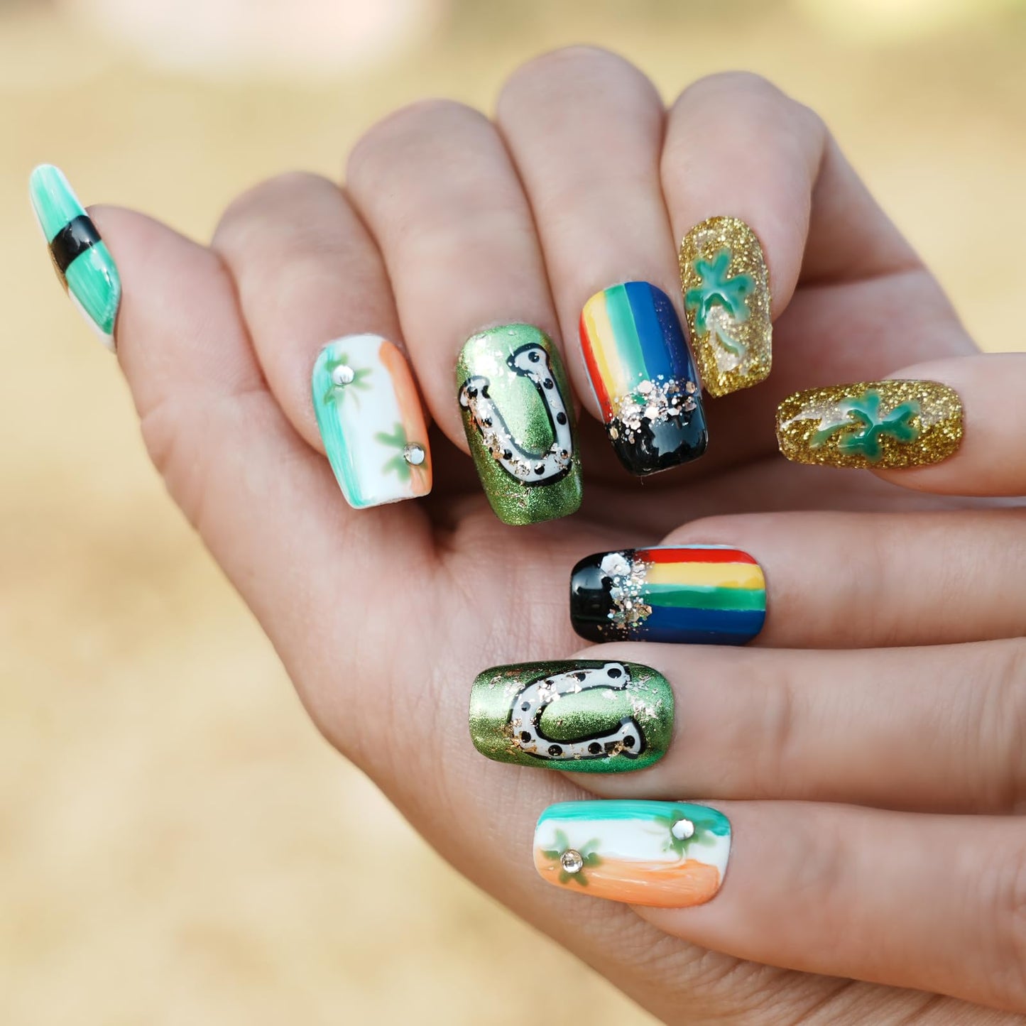 Tesytto Medium Square Press on Nails - Irish Flag Green White Orange Nails with Lucky Shamrock & Belt Design, Rainbow & 3D Gold Glitter Spring Summer Fake Nails (Size M)
