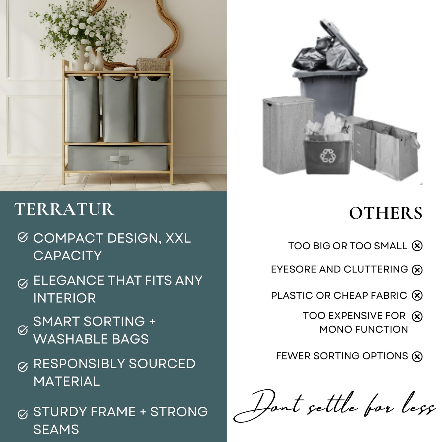 Terratur 4 Section Recycling Bin for Kitchen – Trash and Recycle Bin Combo for Paper, Plastic, Cans – Indoor Recycling Station – Large Kitchen Trash Can – Office Trash and Recycle Bin Organizer