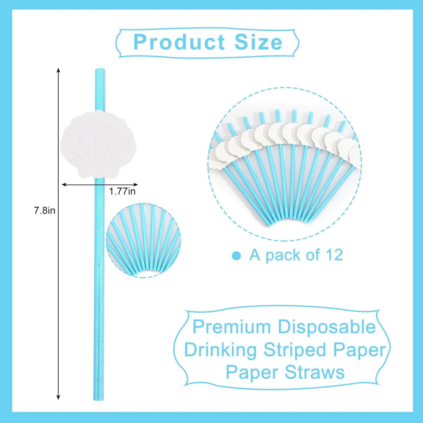 12Pcs White Shell Blue Straws - Ocean Birthday Wedding Decorations,Shell Disposable Drinking Paper Straws,Last Toast on the Coast Party Decorations,Seashells Bachelorette Party Centerpieces