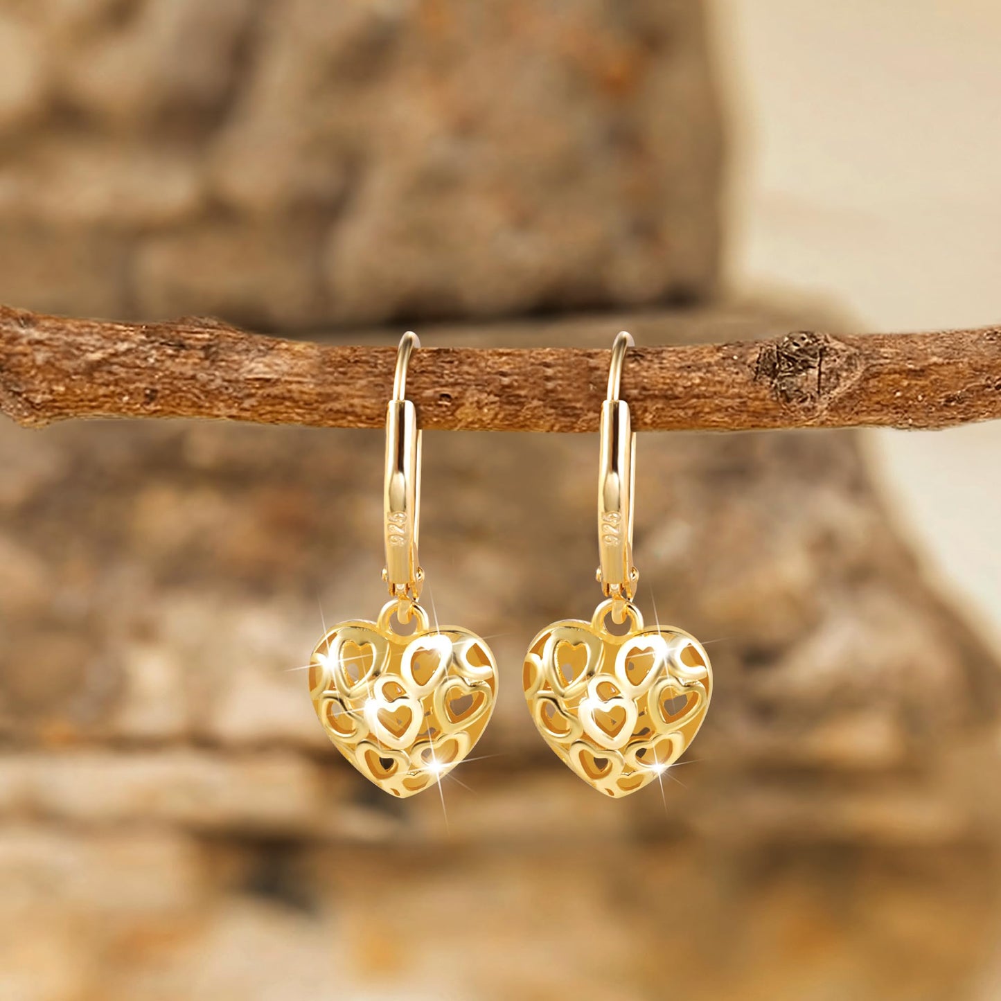 LANCHARMED 14K Gold Heart Dangle Drop Earrings for Women, 925 Sterling Silver French Style Silver Leverback Earrings Hypoallergenic Jewelry